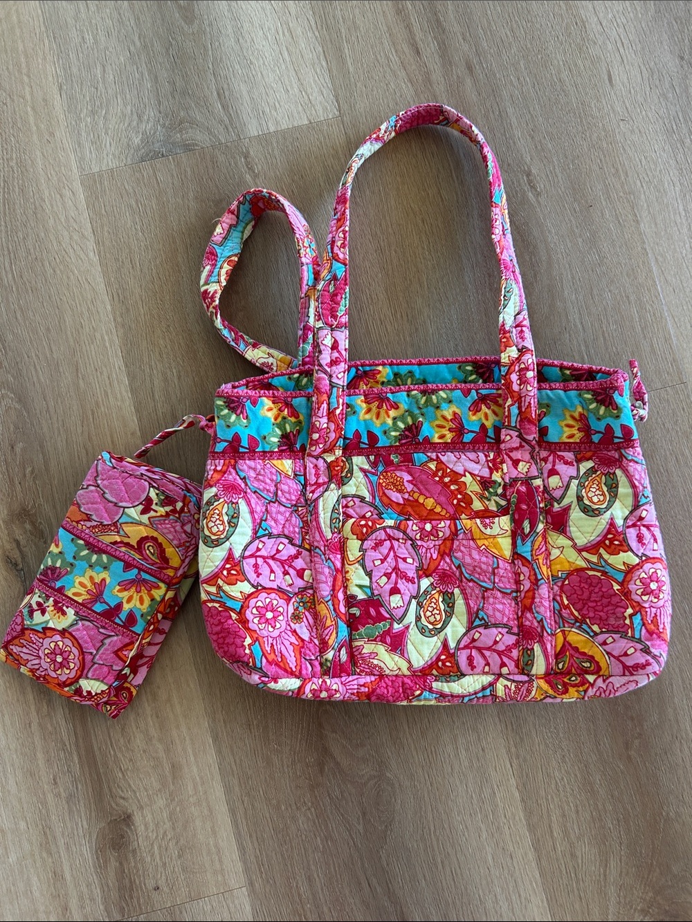 Quilted Floral Pink Tote Bag with Matching Pouch